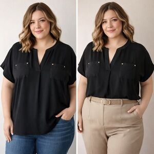 Anne Klein Black Short-Sleeve Split-Neck Blouse with Gold Studs
02-0057